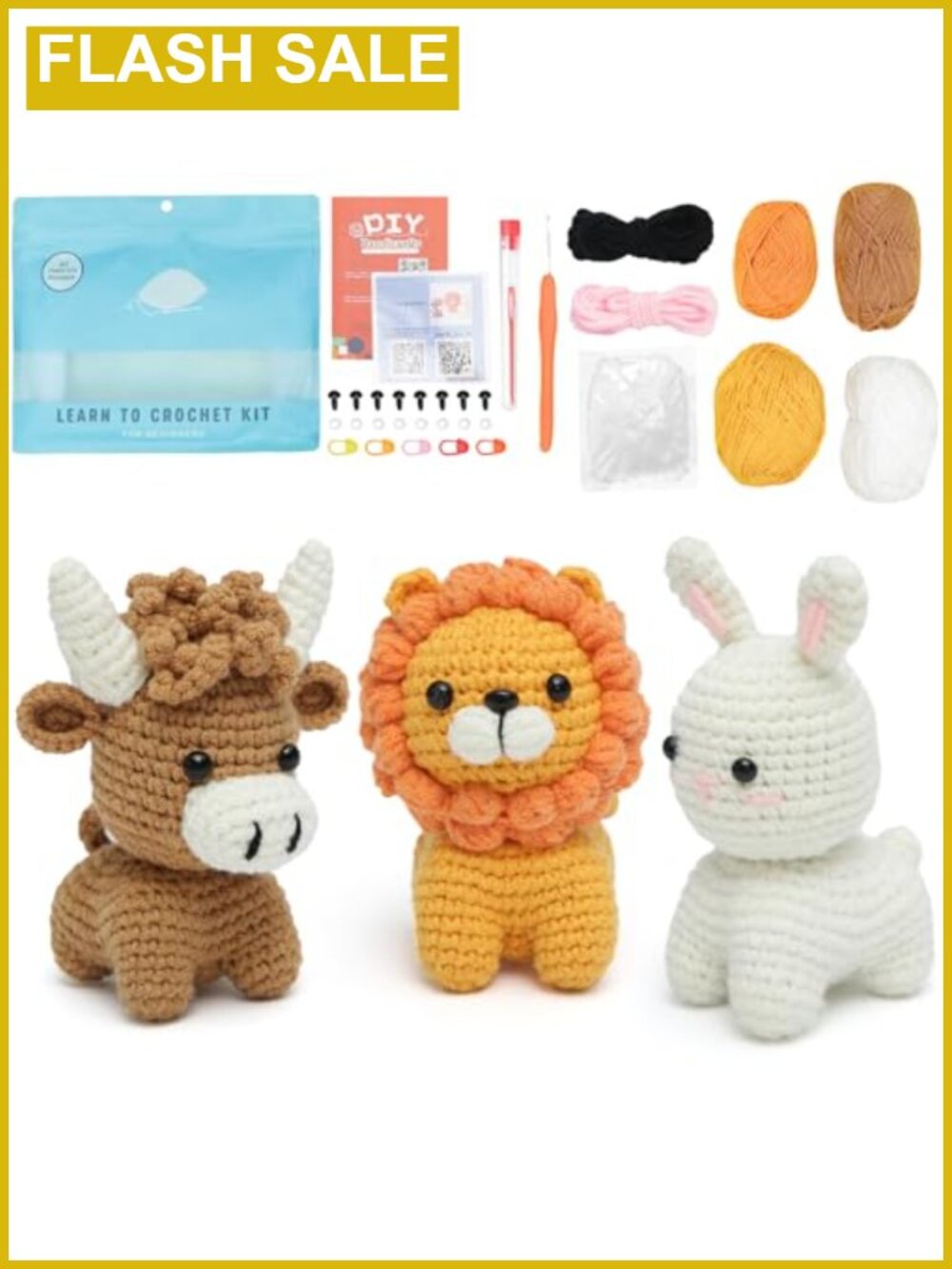 GONELYON Crochet Kit for Beginners 3Pcs Amigurumi Animal Craft Set with Video